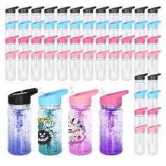 thermos water bottles are lined up with different colors and designs on each one