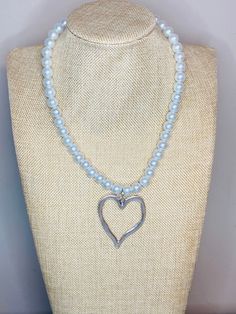 The necklace is 19 inches  If another size is needed, please message Glass Pearls are 12mm Large Solver Pendant Height: 59 mm Width: 46 mm Color: antique Silver ( plated with real 925 sterling silver) Heart-shaped 8mm Bead Jewelry Gift, White Heart-shaped Jewelry With 8mm Beads, Heart-shaped Silver Necklace With Pearl Charm, Silver 8mm Beads Jewelry For Valentine's Day, Silver Jewelry With 8mm Beads For Valentine's Day, Valentine's Day Silver Jewelry With 8mm Beads, Silver Heart-shaped Adjustable Beaded Necklace, Adjustable Silver Heart-shaped Beaded Necklace, Silver Beaded Necklace With Heart Charm