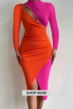 Color Block Bodycon Dress, Long Sleeve Turtleneck Dress, Elegant Midi Dresses, Orange And Pink, روتين العناية بالبشرة, Long Sleeve Bodycon, Long Sleeve Bodycon Dress, Midi Dress Bodycon