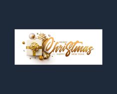 merry christmas and happy new year greeting card with gift boxes, presents and gold lettering