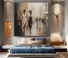 a large painting hanging above a bed in a bedroom