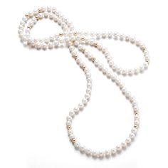 Gump's Signature 6mm Pearl & Gold Rope Necklace Elegant Long Single Strand Pearl Necklace, Classic Long Pearl Necklace With Charm, Elegant Beaded Necklaces For Anniversary, Classic Long Pearl Necklace With Pendant, Classic Gold Hand-strung Necklace, Classic Yellow Gold Beaded Necklaces, Classic Long Pearl Necklace, Elegant White Pearl Chain Long Necklace, Elegant White Long Necklace With Round Beads