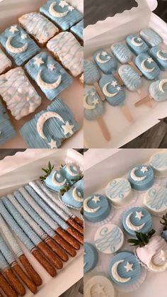 two pictures of blue and white decorated desserts in trays with moon and stars on them