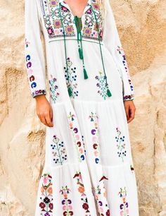 Floral Embroidered Maxi Folk Dress Long Sleeve White Dress, Vintage Summer Fashion, White Floral Maxi Dress, Tassel Dress, White Long Sleeve Dress, Folk Dresses, Embroidered Maxi Dress, White Dresses For Women, Bohemian Floral