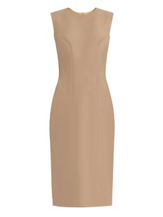 Krew High Quality Tan Sheath Dress – Caeli Couture Beige Bodycon Dress For Formal Occasions, Beige Knee-length Bodycon Dress For Formal Occasions, Beige Knee-length Bodycon Dress For Formal Events, Elegant Sleeveless Beige Midi Dress, Sleek Sleeveless Daywear Dresses, Sleek Sleeveless Day Dresses, Classic Midi Dress With Flattering Silhouette, Beige Sheath Bodycon Dress For Formal Occasions, Elegant Beige Sheath Midi Dress