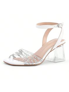 Blanco De moda Collar  TPU   Embellished Heels Low Heel, Low Heel Sandals, Block Heel Shoes, Clear Heels, Shoes White, Heeled Sandals, Heel Sandals, Womens Heels, Low Heels