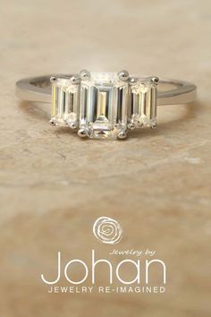 Three Stone Moissanite Engagement Ring Emerald Three Stone Ring, Emerald Stone Ring, Emerald Stone Rings, Emerald Cut Engagement Ring, Emerald Cut Engagement, Emerald Engagement Ring Cut, Three Stone Ring, Moissanite Jewelry, Three Stone Engagement Rings