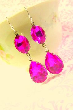 Fuchsia Hot Pink Earrings Teardrop Drop October birthstone Wedding Bridal Estate Style Earrings Pink Earrings For Valentine's Day Celebration, Pink Teardrop Earrings For Party, Pink Teardrop Jewelry For Party, Elegant Pink Teardrop Earrings For Party, Pink Teardrop Bridal Earrings For Party, Pink Crystal Drop Earrings For Anniversary, Pink Teardrop Jewelry For Valentine's Day, Pink Teardrop Jewelry For Wedding, Pink Drop Earrings For Party