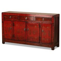 This attractive Dongbei sideboard is a classic example of traditional cabinets produced in China's northeastern region. Its doors boast intricate patterns of vibrant red lacquer and geometric designs with symbolic flowers, though the original cabinet only included the central doors. For increased versatility, the side panels were transformed into additional doors, and an interior shelf was added for storage. This stunningly lustrous sideboard will add a splash of colour to any home. Symbolic Flowers, Furniture Dressing Table, Furniture Storage Cabinets, Traditional Cabinets, Furniture Bookshelves, Side Board, Red Lacquer, Furniture Side Tables, Sideboard Furniture