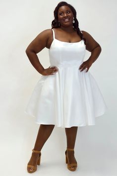 Short Wedding Dresses Plus Size, Plus Size Bachelorette Outfit For Bride, White Satin Dress Short, Plus Size Reception Dress, Plus Size Bridal Shower Outfit, Courthouse Wedding Dress Plus Size, Plus Size Bachelorette Outfit, White Dress Short Formal, Short Dresses Party Night