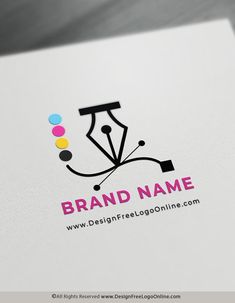 a logo with a pen on it and the words brand name written in bold colors