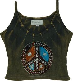 This knit cotton crop top features a distinctive peace sign applique on the front, blending bohemian style with a vintage-inspired design.  The top is rich, earthy green with subtle tie-dye, giving it a retro, laid-back vibe. #tlb #Sleeveless #Stonewash #Embroidered #vacationclothing #bohemianfashion #Handmade #JuniorPetite #Hippiepeacetop Fitted Tank Top For Fall Festivals, Spring Casual Acid Wash Crop Top, Spring Acid Wash Casual Crop Top, Casual Acid Wash Crop Top For Spring, Casual Brown Tank Top For Festival, Brown Hippie Festival Tops, Bohemian Cotton Tops For Fall, Bohemian Brown Crop Top, Cropped Cotton Tank Top For Fall