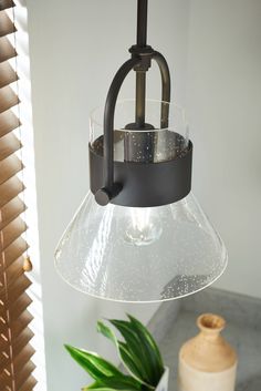 a light fixture hanging from a ceiling in a room next to a potted plant