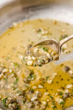 a spoon full of soup is being held up