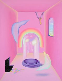 a painting of a pink room with a rainbow colored light coming from the ceiling and an arch leading to a cross