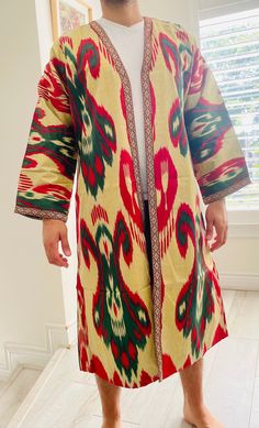 Kimono Kaftan for Burning Man and festivals Unisex One-size Made with authentic Ikat fabric Handmade by stay-at-home mothers in Istanbul, Turkey Traditional Kimono With Patterns For Festival, Traditional Festival Kimono With Patterns, Traditional Multicolor Festival Kimono, Traditional Multicolor Long Kimono, Traditional Long Multicolor Kimono, Traditional Handmade Festival Kaftan, Traditional One-size Kimono With Kimono Sleeves, Traditional Cotton Kimono For Festive Occasions, Traditional Cotton Kimono With Ikat Print