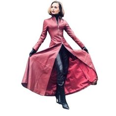 This floor-length leather coat is a very exclusive custom made  of soft, lamb skin leather.  In this coat you are guaranteed to attract all eyes on you.  The upper section is very slim-fitting thanks to the  24-cm long corset lacing on the rear that allows  the coat to be very figure-hugging.  From the hips downwards, the coat has a wonderful wide-swinging effect.  The necessary freedom of movement for a stroll in town or shopping is achieved through the long zipper at the front.  The inner side of the sleeves around the wrists are lined with leather as to allow the sleeves to be reverted in  order to achieve your desired length.  If preferred, the small collar can also be turned up.  The coat length starts from around 148 cm. The coat is zipped up through a silver 72 cm-long  two-way zipp Fitted Faux Leather Long Coat, Fitted Long Coat In Faux Leather, Fitted Long Faux Leather Coat, Red Leather Mini Dress, Outfit Leather Jacket, Long Corset, Corset Lacing, Dress Leather, Leather Mini Dress