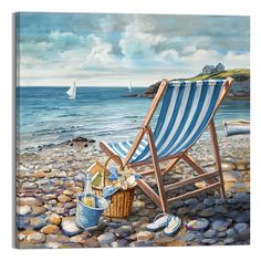 a painting of a beach scene with a blue and white striped lawn chair next to the ocean