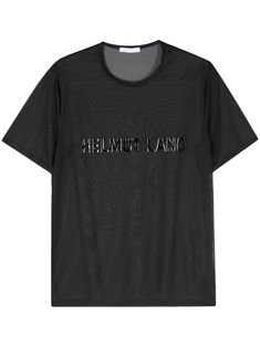 black lightweight jersey sheer appliqué logo crew neck short sleeves straight hem When buying this unisex item, keep in mind that it is graded in standard men's sizing. Mesh Short Sleeve T-shirt For Streetwear, Sporty Mesh T-shirt For Streetwear, Mesh Crew Neck T-shirt For Streetwear, Casual Short Sleeve Mesh T-shirt, Casual Mesh Crew Neck T-shirt, Casual Mesh T-shirt With Crew Neck, Spring Crew Neck T-shirt With Logo Lettering, Sporty T-shirt With Logo Lettering For Summer, Black Logo Tops For Spring