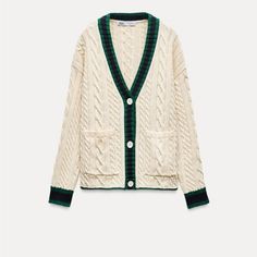 V-Neck Cardigan With Long Sleeves. Front Patch Pockets. Front Button Closure. Ecru |6771/13 Outer Shell 100% Acrylic Loose Cardigan, Long Sleeve Knitted Cardigan, Zara New, Cardigan Sweater Dress, Zara Sweater, Leather Shirt, Collars For Women, Cable Knit Cardigan, Jeans Rock