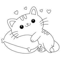 a black and white drawing of a cat holding a pillow with hearts on it's head