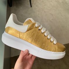 Brand New With Box . Luxury Gold Sneakers With Rubber Sole, Gold Leather Custom Sneakers With Rubber Sole, Luxury Gold Lace-up Sneakers, Luxury Gold Lace-up Custom Sneakers, Luxury Sneakers With Perforated Toe Box, Designer Patent Leather Sneakers With Round Toe, Designer Gold Low-top Custom Sneakers, Designer Gold Custom Low-top Sneakers, Designer Gold Lace-up Sneakers