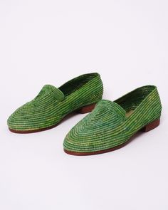 Step into sustainable style with our Handcrafted Marrakech Raffia Shoes, a perfect blend of traditional Moroccan craftsmanship and modern eco-conscious fashion. Each pair is meticulously woven by skilled artisans in the heart of Marrakech, ensuring you receive a product not just made, but thoughtfully crafted. 🌿 Eco-Friendly Material: Made from high-quality, natural raffia fiber, these shoes are not only biodegradable but also a testament to environmentally responsible fashion. The raffia fiber, renowned for its durability and natural beauty, provides a unique texture and an earthy charm to your footwear collection. 👣 Unparalleled Comfort & Durability: Handwoven with precision, these shoes offer both comfort and resilience. The natural flexibility of raffia fiber allows for a snug, comfo Green Slip-ons With Rubber Sole For Summer, Green Loafers With Round Toe For Summer, Green Summer Loafers With Round Toe, Green Slip-on Moccasins With Rubber Sole, Green Slip-on Moccasins With Flat Heel, Green Slip-on Moccasins With Leather Sole, Green Leather Sole Slip-on Moccasins, Green Leather Sole Slip-ons, Green Closed Toe Slip-ons