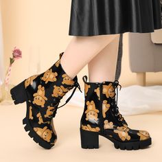 Make your sleek style floral print in these bold combat boots detailed with a front lace-up, side zip closure, and cute design. These Combat Boots Series are the right height to be cute and edgy but also comfortable enough. Floral print and bear patterns can be decorated with your casual appearance. Cute Printed Combat Boots, easy to go with all outfits, wear them with jeans, trousers, dresses, shorts, or denim. Good options for parties, sweet dating, shopping, festivals, banquets, office outfit Office Outfits Casual, Combat Boots Brown, Heel Combat Boots, Bear Patterns, Lace Up Block Heel, Buckle Ankle Boots, Womens Chunky Heels, Shoes Boots Ankle, Closed Toe Shoes