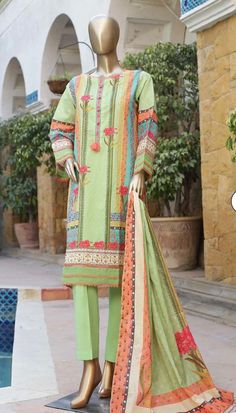 Brand: Bin saeed              Summer lawn stitched 3piece dress Shirt: Lawn front printed with design on neck            and organza design with lace on sleeves            and shirt bottom and printed back. Pant: plain lawn  Dupatta: printed lawn  No return or exchange please. Note:Please contact me if you have any problem with your order. Green Cotton Long Sleeve Salwar Kameez, Multicolor Long Sleeve Cotton Lawn Suit, Unstitched Cotton Lawn Suit With Long Sleeves, Unstitched Long Sleeve Cotton Lawn Suit, Multicolor Semi-stitched Cambric Lawn Suit, Green Long Sleeve Lawn Suit With Printed Motifs, Semi-stitched Naqshi Lawn Suit, Spring Semi-stitched Lawn Suit With Dupatta, Spring Cotton Salwar Kameez In Pista Green