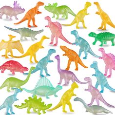 12 assorted plastic dinosaur toy figures in various colors