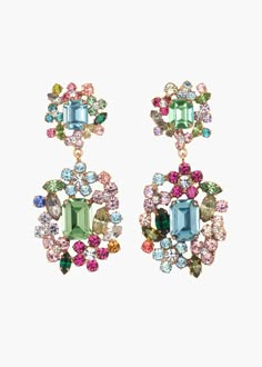 The Fantine Earrings are a modern mosaic of sophisticated glamour. Clusters of fine crystals form petite flowers at the head of the earring, with a drop echoing the design, each one punctuated with impressive emerald-cut stones. Made by hand in New York with an emphasis on thoughtful construction, these earrings are exceptionally lightweight and comfortable to wear. Petite Flowers, Modern Mosaic, Dope Jewelry Accessories, Luxury Hair Accessories, Jennifer Behr, Jeweled Earrings, Colorful Earrings, Emerald Earrings, Diamond Drops