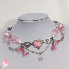 ✤"𝗦𝘄𝗲𝗲𝘁 𝗥𝗼𝗺𝗮𝗻𝗰𝗲": Super cute necklace made with glass beads, natural shell stars, resin and mother of pearls. All metal components are 100% stainless steel and the pink heart is a unique charm handmade by me 💕 --Length: approximately 40cm However I always add an extension chain so the necklace can be extended up to 46 cm. If you still need a specific measurement, please send me a message to adjust the piece! :) 💌 🌎 WORLDWIDE shipping via priority certified letter | Misheka Gems, h Cheap Pink Kawaii Jewelry, Cheap Pink Heart Beads Charm Necklaces, Cheap Kawaii Metal Jewelry, Cheap Handmade Pink Choker, Affordable Kawaii Necklaces For Valentine's Day, Kawaii Accessories Necklaces, Cheap Harajuku Handmade Jewelry, Cheap Handmade Harajuku Jewelry, Baby Cakes Kawaii Cottage Core Necklaces