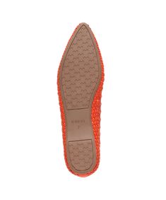 Our striking orange-tinged red pointed-toe ballet flat is crafted of luxurious faux leather. This breathable shoe includes an intricate lattice woven design that takes our artisans up to three and a half hours to weave, utilizing over 100 expertly cut straps. We covered our footbeds with a soft breathable leather lining for added durability and comfort. This flat is complete with our signature grosgrain backtab and gold Birdies logo. | The Goldfinch - Tiger Lily Woven Birdies Flats Almond Toe Ballet Flats, Spring Slip-on Woven Leather Flats, Spring Flats With Woven Leather, Fall Flats With Red Sole, Red Sole Flats For Fall, Spring Woven Leather Ballet Flats With Round Toe, Summer Ballet Flats With Woven Leather And Round Toe, Summer Woven Leather Ballet Flats With Round Toe, Synthetic Woven Leather Flats