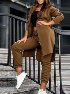 Plain Coats, Leisure Suit, Woman Suit Fashion, Hoodie Set, Estilo Chic, Cuffed Pants, Hooded Coat, Mua Sắm, Womens Fashion Casual