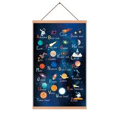 a poster hanging on a wall with the names of different planets and stars in it