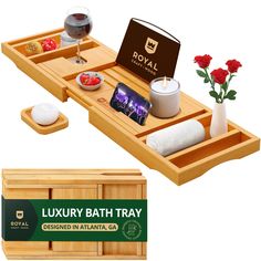 a wooden tray filled with bath items next to a glass of wine