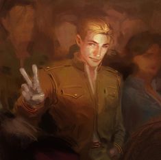 a painting of a man in uniform giving the peace sign with his hand and two other people behind him