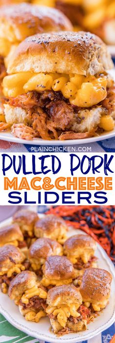 pulled pork macaroni and cheese sliders on a white plate with text overlay