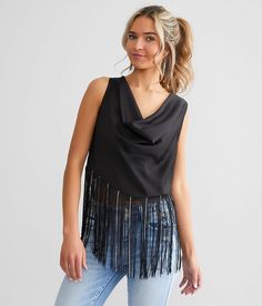 Blue B Rhinestone Fringe Tank Top - Black Small, Women's Black Cowl neck cropped satin tank Bust measures 35 on size small Body length 17 on size small. 100% Polyester. Hand wash cold water separately. Do not use bleach. Lay flat to dry. Warm iron if needed.. Measurements: Bust -Fullest part of bust with arms at sides. Waist -Circumference of natural waist: above belly button below rib cage. Hips -Standing with feet together fullest part of hips. WOMEN'S TOP SIZE CONVERSION CHART Size US/CAN BUS Black Fringe Top, Rose Tank Top, Plaid Tank Top, Fringe Tank Top, Rhinestone Fringe, Layering Tank Tops, Loose Tank Tops, Dressy Tank Tops, Floral Embroidered Top