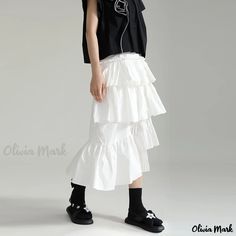 Olivia Mark - Falda de mujer de cintura alta con cintura elástica y diseño en A Layered Long Skirt For Spring, Chic Layered Tiered Skirt, Chic Tiered Skirt With Layered Hem, Spring Skirt With Layered Long Hem, Spring Tiered Layered Maxi Skirt, Spring Long Skirt With Layered Hem, Flowy Tiered Layered Skirt, Layered Flowy Skirt For Spring, Summer A-line Skirt With Ruffles