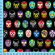 many different colored masks are arranged in rows on a black background with white and yellow accents