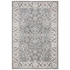 a gray and white rug with an ornate design