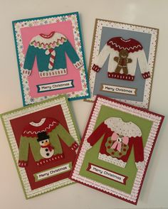 four handmade christmas cards with sweaters and snowmen on them, all in different colors