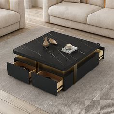 a coffee table with two drawers in the middle on a carpeted living room floor