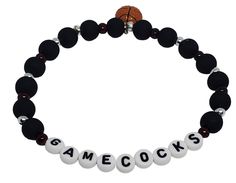 Stylish South Carolina #Gamecock 10 inch stretchy Anklet with a basketball charm Casual Black Stretch Bracelet With Letter Beads, Casual Black Stretch Bracelet, Adjustable Casual Sports Bracelets, Casual White Stretch Bracelet, Sporty Adjustable Stretch Bracelet For Game Day, White Sporty Stretch Bracelet For Sports, Sporty White Stretch Bracelet For Sports, Adjustable Team Spirit Stretch Bracelet For Sports, Casual White Stretch Bracelet For Game Day