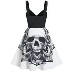 This Gothic-inspired dress features a striking skull print, setting a darkly enchanting tone. Its peplum flounce and A-line cut add a touch of elegance, perfect for those who embrace the macabre with a sense of style.• Gothic skull print• Contrast peplum flounce• Cami straps• A-line silhouette• Medium size (6)Bust: 34.25”, Waist: 30.31”, Length: 37.4” Sleeveless Skull Print Party Dress, Sleeveless Summer Dresses With Skull Print, Fitted Party Dress For Day Of The Dead, Fitted Gothic Dress With Skull Print, Fitted Skull Print Party Dress, Black Skull Print Dress For Summer, Black Edgy Dress With Skull Print, Edgy Black Dress With Skull Print, Punk Black Dress With Skull Print