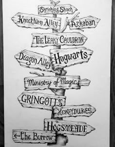 a drawing of a wooden sign post with many different signs attached to it's sides