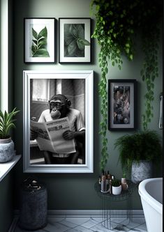 an image of a monkey reading a newspaper in a bathroom with plants and pictures on the wall