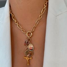 Saint Charm Necklace Jesus And Mary, Mary Necklace, Virgin Mary Necklace, Necklace Cross, Charm Necklaces, Religious Gifts, Virgin Mary, Charm Necklace, Necklace Etsy