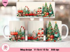 three coffee mugs with christmas scenes on them